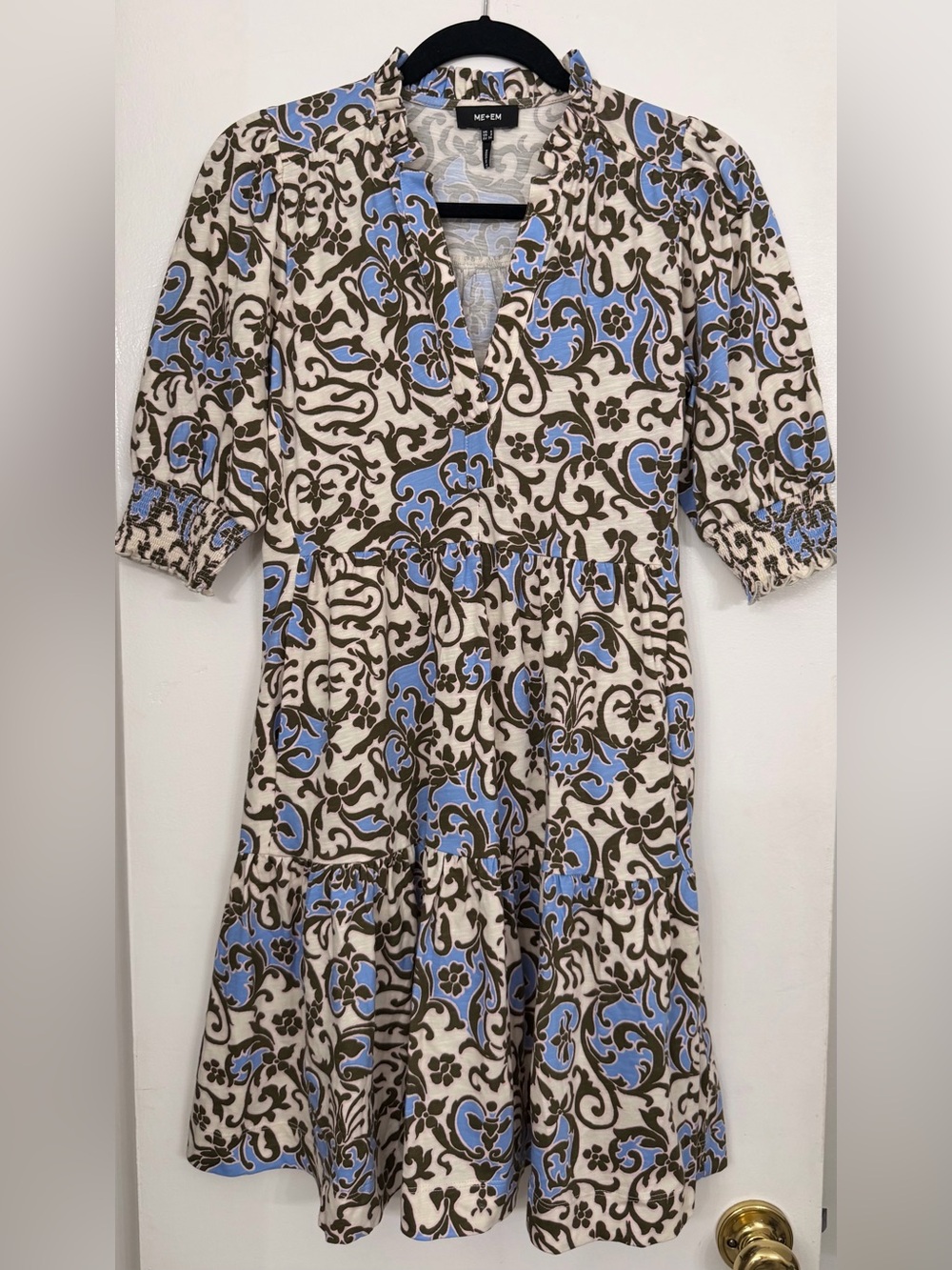 ME+EM Batik Floral Print Mini Slub Dress Cream & Blue Size 2 - Picture 7 of 11